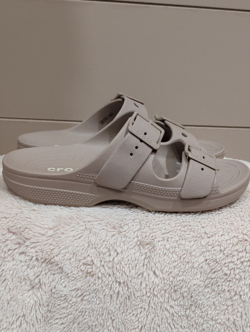 CROCS Women’s Dual-Buckle Slide Sandal in Taupe
